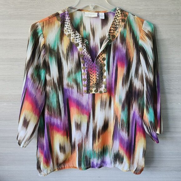 Chicos Womens Multicolor Ikat Boho Peasant Print Beaded Tunic Top Size 2 - Picture 1 of 11